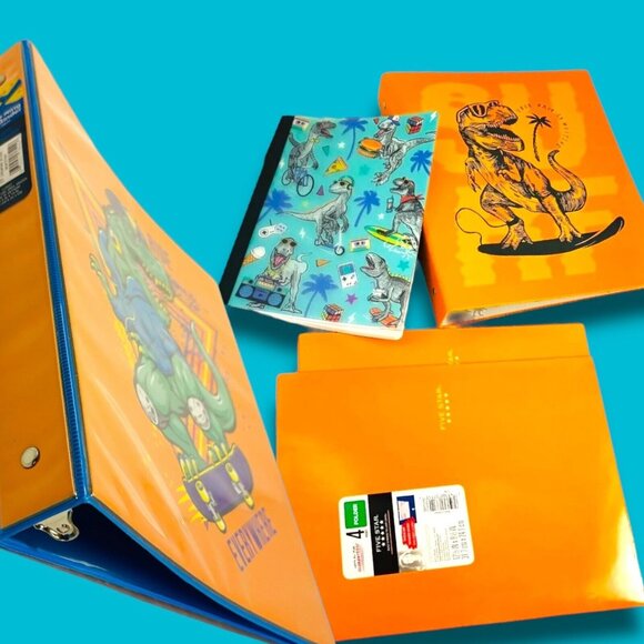 T-Rex Surfing & Skateboard Ring Binders, Dino Composition, 2 Mead 5 Star Folders - Picture 1 of 12